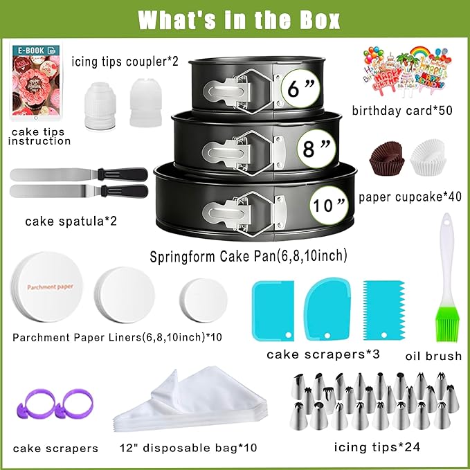 168pcs Cake Pan Sets for Baking + Cake Decorating Supplies: 3 Non-Stick Springform Pans Set (6, 8, 10 inches), Icing Tips – Multi-functional Leak-Proof CheeseCake Pan