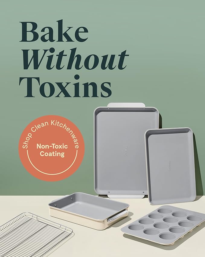 Caraway Nonstick Ceramic Bakeware Set (5 Pieces) - Baking Sheets, Assorted Baking Pans & Storage - Aluminized Steel Body - Non Toxic, PTFE & PFOA Free - White