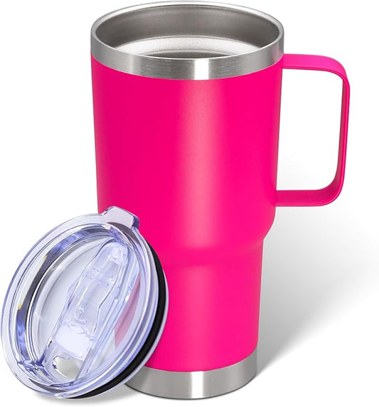 20 oz Tumbler with Handle and Lid, Stainless Steel Tumbler Insulated Travel Coffee Mug, Spill Proof Double Wall Vacuum Tumbler Cup Keep Drink Hot & Cold, Hot Pink, 1 Pack