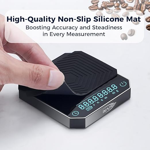 IKAPE Mini Digital Coffee Scale with Timer, 2kg/0.1g High Precision Rechargeable Drip Espresso Scale, Pour Over Scale with Tare Function, LED Display(Black)