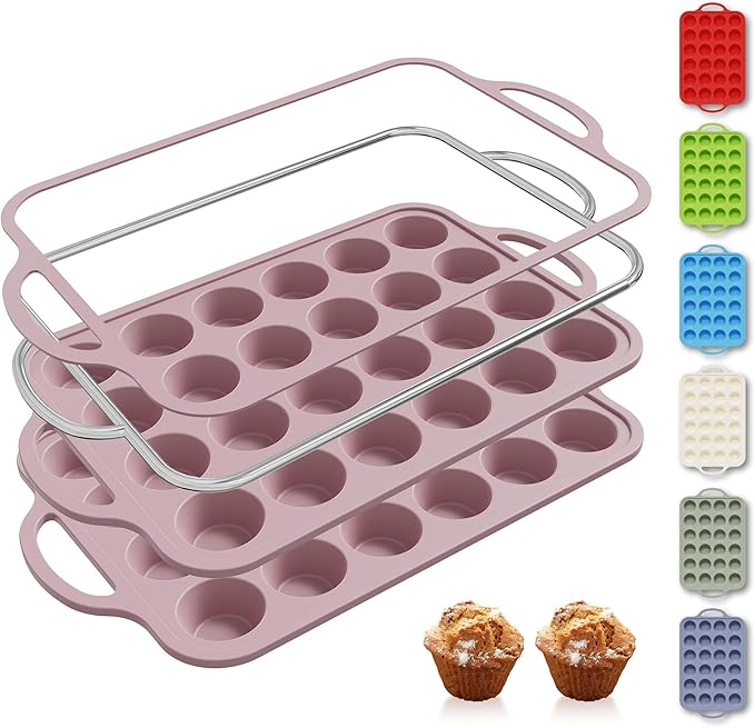 2 Packs 24 Cups Silicone Muffin Pan with Metal Reinforced Frame Mini Size Cupcake Pan Tray Egg Bites Silicone Circle Cookie Molds Muffin Tin Tart Pans Baking Sheet Set for Breakfast Sandwiches