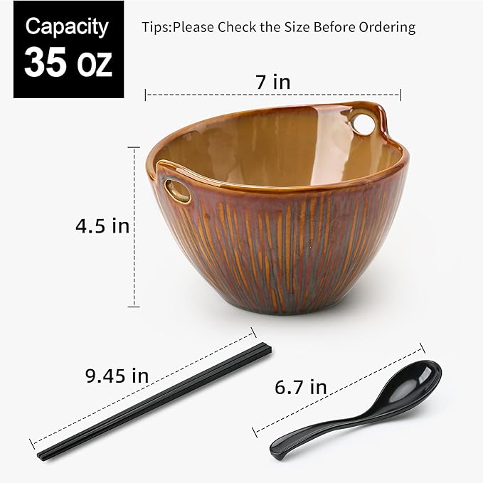 Ramen Bowl with Chopsticks and Spoons Set, 7 Inch Ceramic Noodle Bowl Set of 2, Dishwasher Safe for Pho Udon Soba Noodle Salad Pasta, Special Reactive Glazed Brown Bowls Set