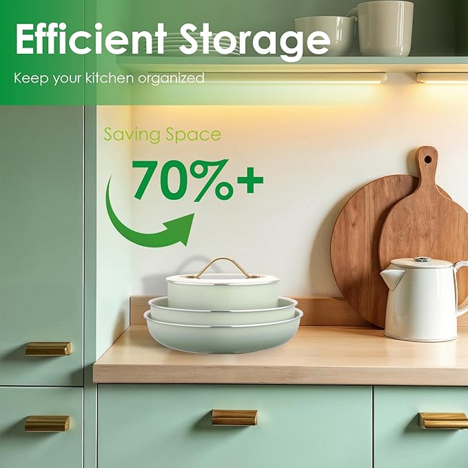 20pcs Ceramic Cookware Set Nonstick, Detachable Handle Pots and Pans Set, Non Toxic,No PFAS & PTFE & PFOA, Dishwasher/Oven Safe, RV Kitchen Set Removable Handle for Cooking, Green