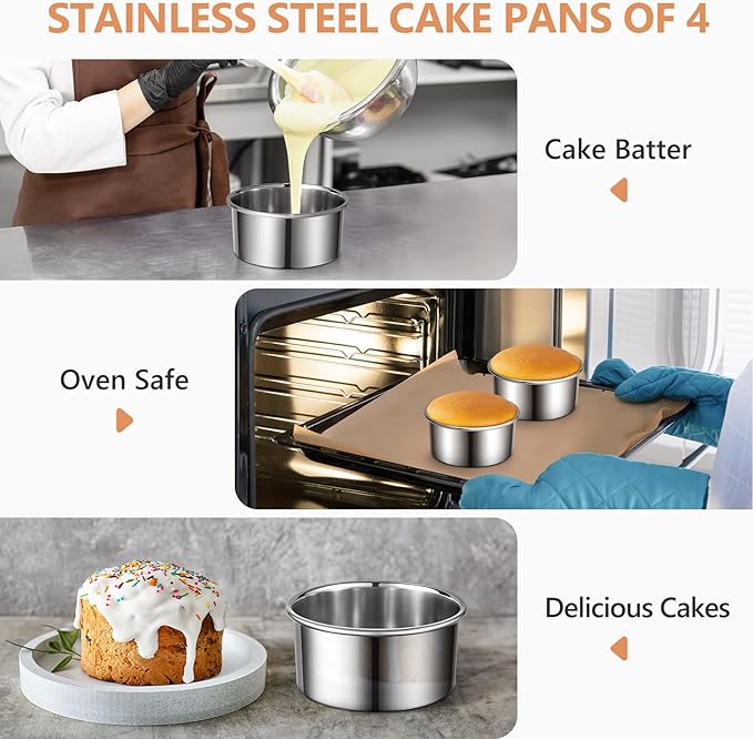 4 Inch Cake Pan Set of 4, Removable Bottom & Easy Releasing Mini Cake Pan, Leakproof & Nonstick Round Cake Pan, 304 Stainless Steel Small Cake Baking Pans, Non-Toxic & Healthy
