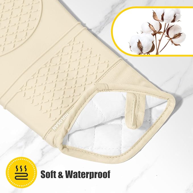 Oven Mitt and Pot Holders Sets, Quilted Cotton Terry Cloth,Non-Slip Pot Holder, Silicone Oven Mitt Heat Resistant, Oven Mittens 7.3"x14.2", Hot Pad 7"x10" & Dish Cloths 13"x25"