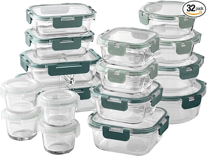 COOK WITH COLOR Premium 32-Pc. Borosilicate Glass Food Container Set with Dividers - 4 Rectangles, 8 Rounds, 4 Squares - Leakproof Lids - Meal Prep, Storage, Ombre Green