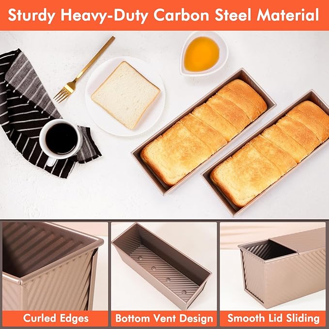 Beasea Pullman Loaf Pan with Lid, 2 Pack 2 lb Large Bread Loaf Pans 12x4inch Nonstick Carbon Steel Toast Box with Dough Scraper Set for Homemade Bread Bakeware Oven Baking - Rose Gold