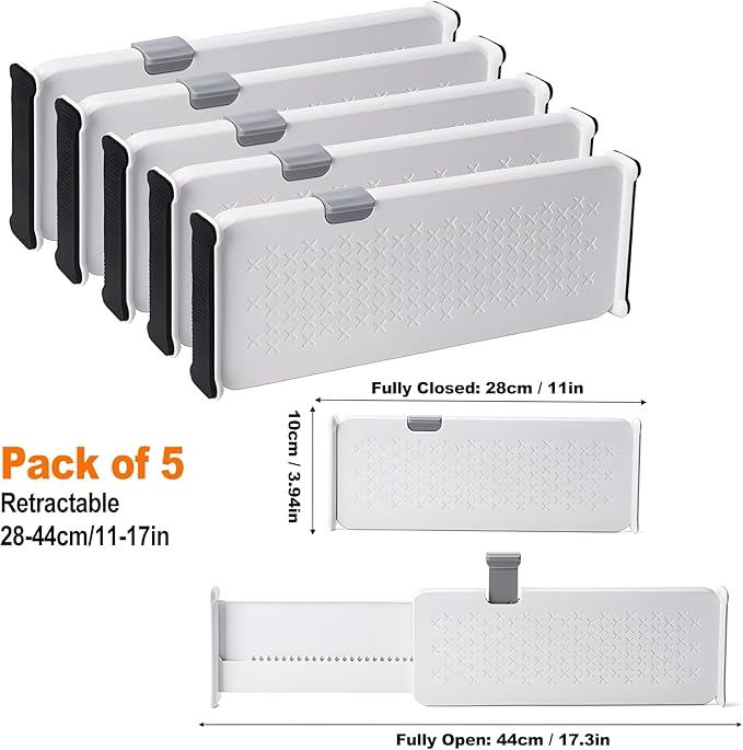 5 Pack Drawer Dividers Clothes Adjustable Dresser Organizers, Expandable Drawer Separators for Dresser, Bedroom, Kitchen and Office Storage, 4" High/11-17 Long