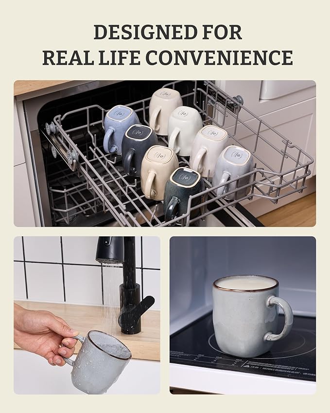 famiware Coffee Mugs Set of 4, Ocean Square 13oz Coffee Cup Set with Handle for Cocoa, Milk, Hot Chocolate, Tea, Water, Stoneware Cups for Kitchen, Microwave and Dishwasher Safe, Grey