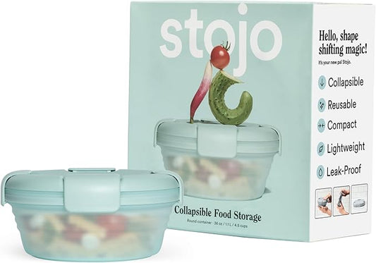 STOJO Collapsible Bowl - Translucent Aquamarine, 36oz - Reusable Silicone Bowl for Hot and Cold Food - Perfect for Travel, Meal Prep, To-Go Lunch, Camping & Hiking - Microwave & Dishwasher Safe