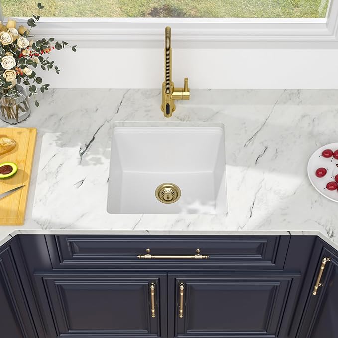 Kichae 18 Inch Undermount Bar Sink - 18 x 18 White Composite Granite Quartz Sink Undermount Wet Bar Prep Single Bowl Workstation Small Kitchen Sinks with Cutting Board