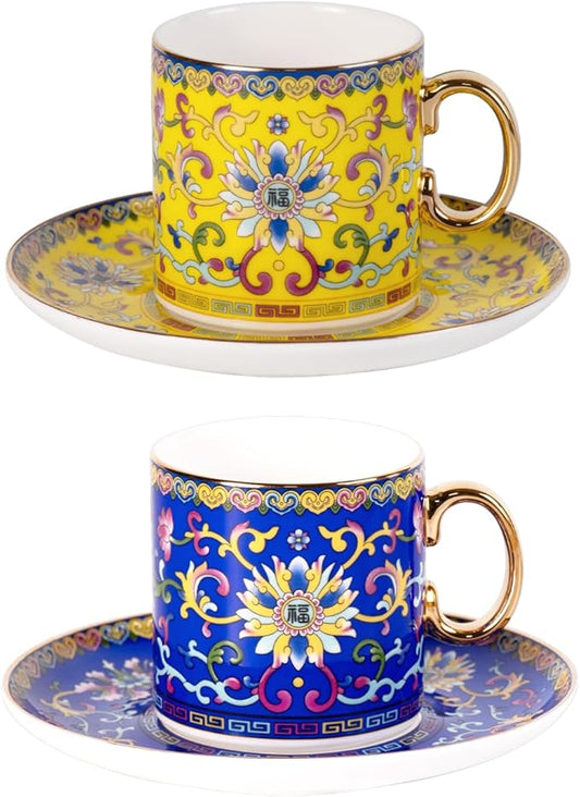 KAMMAK Tea Cups and Saucers Set of 2, Porcelain Coffee Cups with Saucer for Espresso, Cappuccino, 7oz Vintage Yellow and Blue Ceramic Demitasse Mug for Home, Tea Party, Office