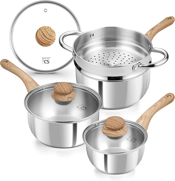 KOCH SYSTEME CS Stainless Steel Saucepan Set with Steamer, 18/10 Stainless Steel Pots 1QT& 2QT & 3QT, Sauce Pan Set with Cool-Touch Handles, Tri-Ply Steel Base, Induction Compatible Pots