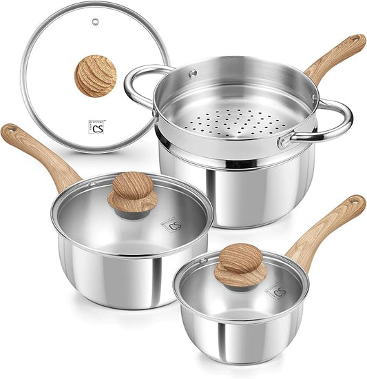 KOCH SYSTEME CS Stainless Steel Saucepan Set with Steamer, 18/10 Stainless Steel Pots 1QT& 2QT & 3QT, Sauce Pan Set with Cool-Touch Handles, Tri-Ply Steel Base, Induction Compatible Pots