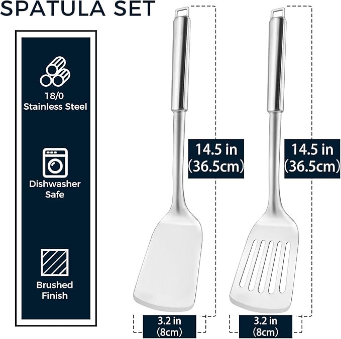 14.5-in Stainless Steel Spatula Set, 18/0 SS Heavy Duty Turner & Slotted Spatula for Kitchen Use, Cast Iron Grilling Frying, Pack of 2