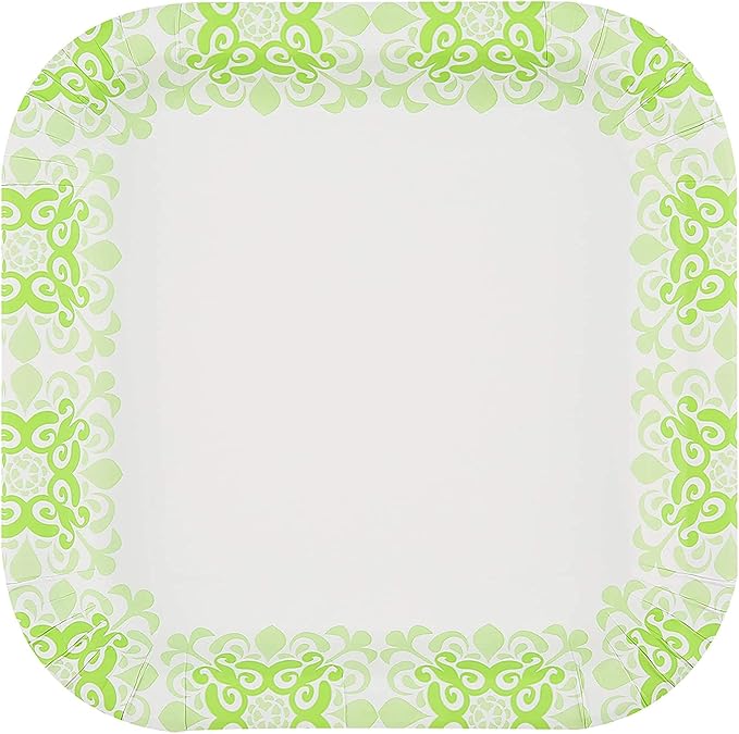 Glad Square Disposable Paper Plates, Green Victorian Pattern - Strong, Sturdy, Soak Proof, and Microwavable Decorative Plates for Dinner and Everyday Use, 10 Inch, 50 Count - 12 Pack