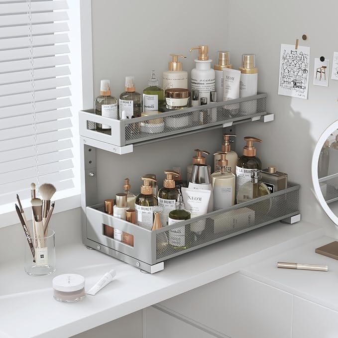 2 Pack 17IN Depth Under Sink Storage Organizer, Large 2-Tier Elegant Mesh Pull Out Shelf for Kitchen and Bathroom Cabinet Organization, L-Shaped and Adjustable Height Design-Gun Gray