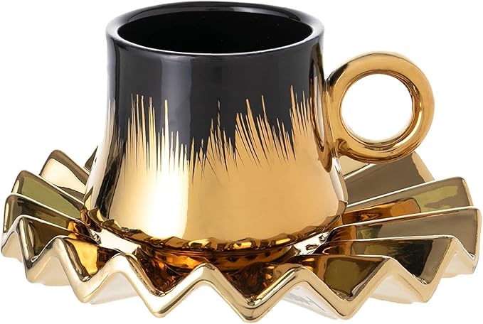 Turkish Coffee Cup Set of 6 with Saucers & Tray - Luxury Arabic Greek Japanese Marble Ceramic Tea Cups for Espresso Cappuccino Latte Mocha, Ideal Gift - 3.5oz, Black Gold