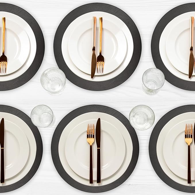 Placemats Set of 6 – Round 15” Faux Leather Table Mats for Dining, Heat Resistant & Non-Slip Washable Table Decor, Indoor, Outdoor, Dining Table Set for 6, Modern Kitchen & Holiday Use,Black