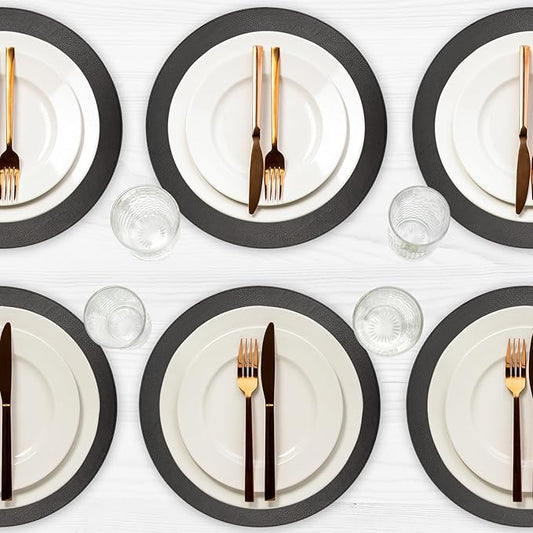 Placemats Set of 6 – Round 15” Faux Leather Table Mats for Dining, Heat Resistant & Non-Slip Washable Table Decor, Indoor, Outdoor, Dining Table Set for 6, Modern Kitchen & Holiday Use,Black