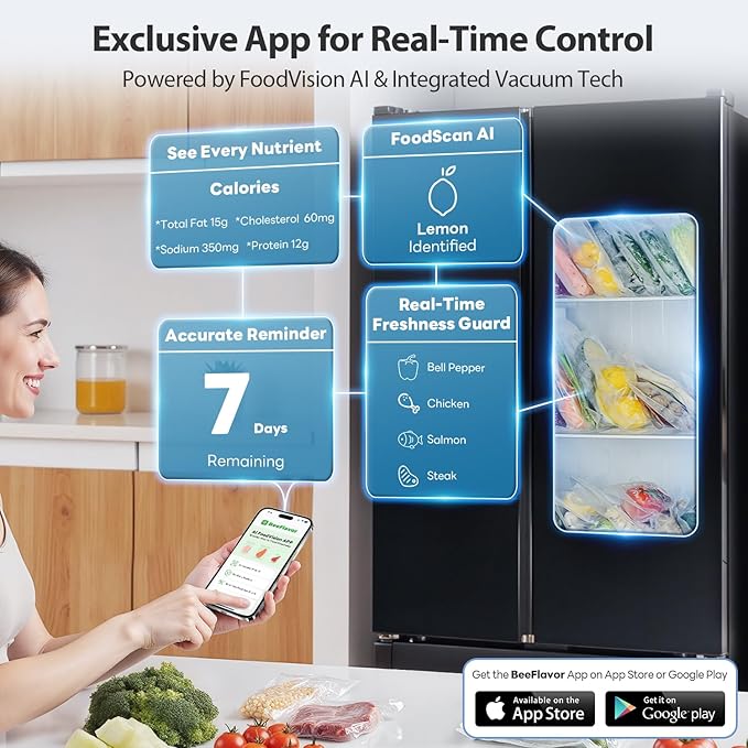 PressFree TRUE-Auto Vacuum Sealer Machine, Beelicious 85KPA Fully Automatic 8-IN-1 Food Sealer with Bags Storage, Build-in Cutter, Moist Mode and Air Suction Hose |Sous Vide | Digital Countdown