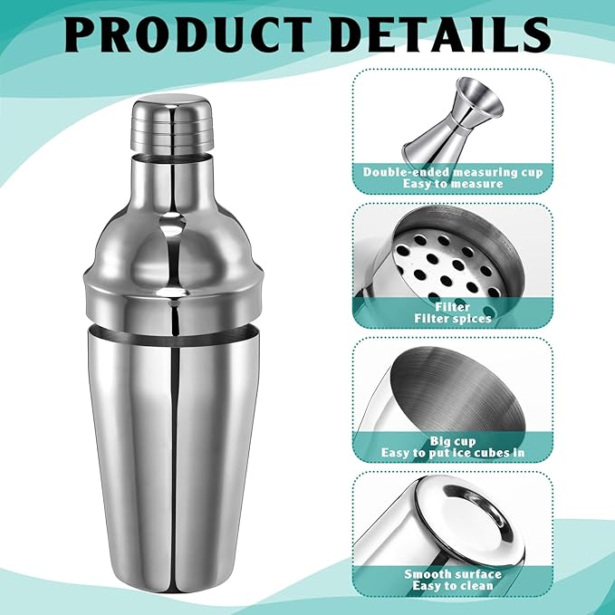 4 Packs Cocktail Shaker Set Martini Shaker Bulk Stainless Steel Martini Mixer with Strainer and Double Measuring Jigger for Bar Party Home Use Wine Bar Mixing Tool(18 oz/ 550 ml)