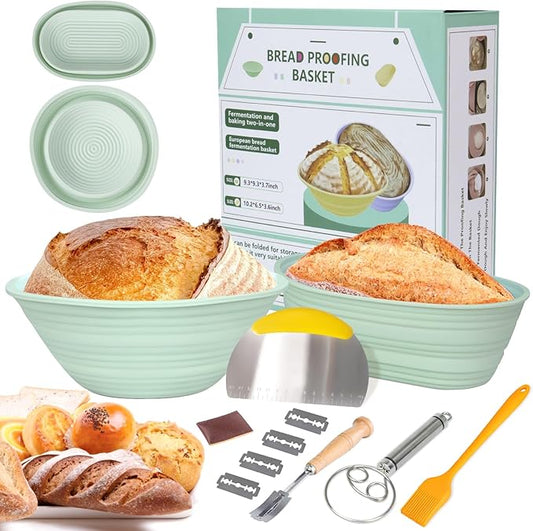 Neddie Silicone Banneton Bread Proofing Baskets, 9 Inch Round & 10 Inch Oval Foldable Sourdough Baking Basket, Complete Set for Bread Making With Essential Tools, Easy to Clean and Storage (Green)
