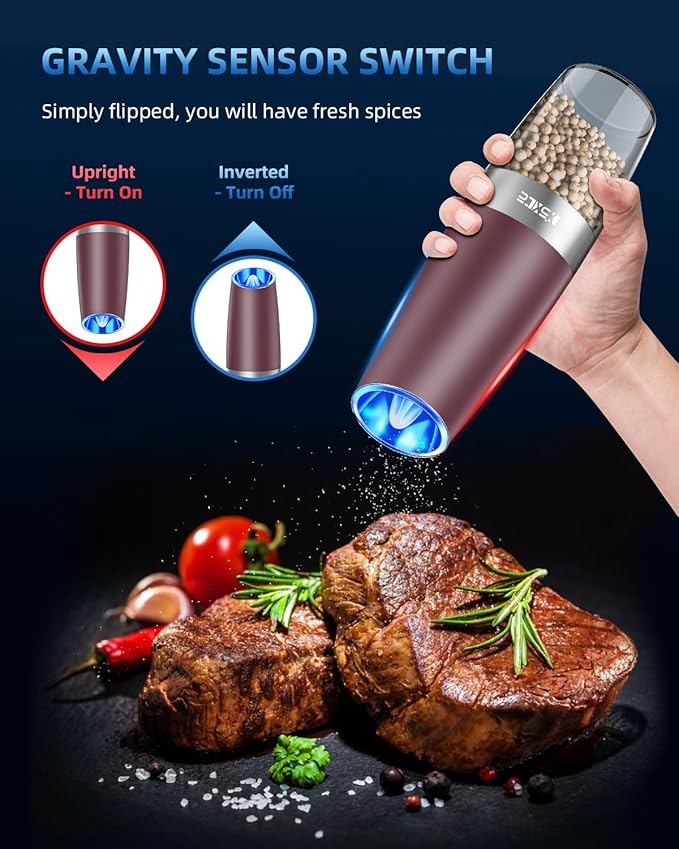 XinXu Gravity Electric Pepper Grinder, Salt or Pepper Mill & Adjustable Coarseness, with LED Light, One Hand Automatic Operation (Set/RoseRed)