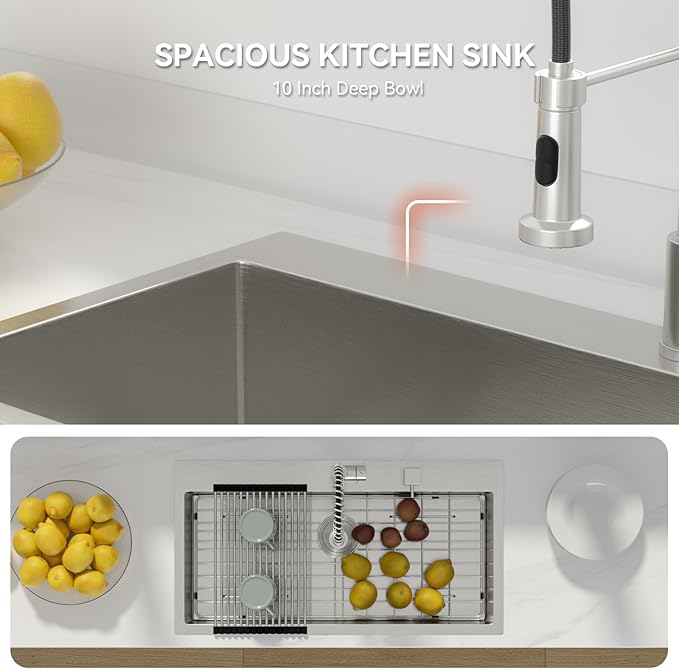 Lordear 36 Drop in Kitchen Sink - 36 x 19 Inch Topmount Kitchen Sink 16 Gauge Stainless Steel Single Bowl Deep Handmade Overmount Kitchen Sink with Drain Strainer