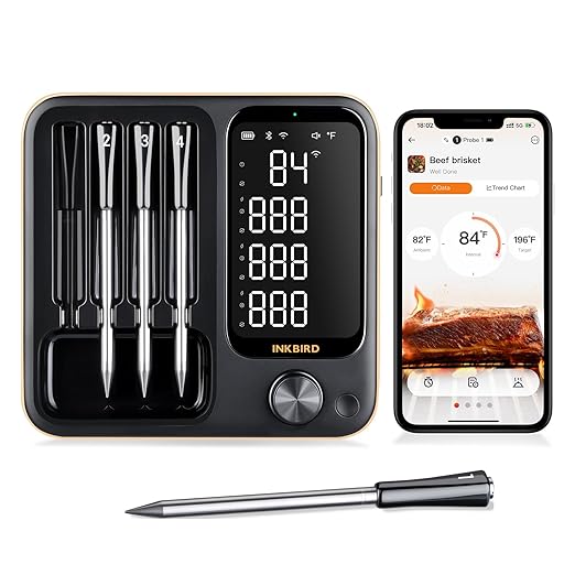 INKBIRD WiFi Wireless Meat Thermometer with 360°Readable LCD Standalone Base，4 Probes Digital Food Meat Thermometer with Remote Control for BBQ, Grill, Oven, Smoker, Rotisserie, Kitchen