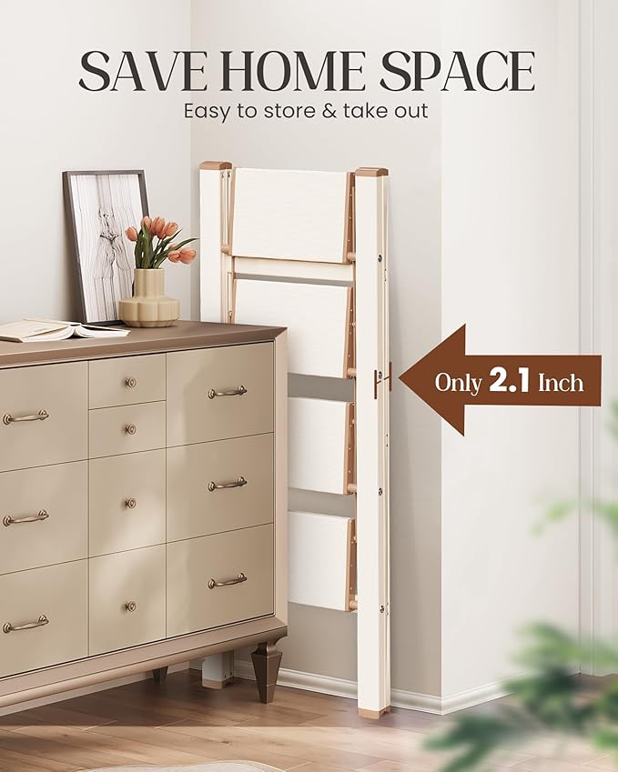 GameGem 4 Step Ladder, Aluminum Folding Step Stool with Anti-Slip Sturdy and Wide Pedal, Lightweight Portable Stepladder for Home and Kitchen Use Space Saving, 330 lbs, Chocolate White