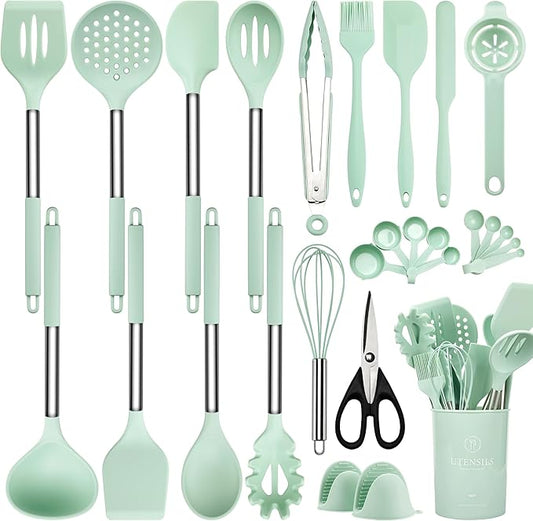 Silicone Cooking Utensils Set, 28 Pcs Kitchen Utensils Set for cooking, 446°F Heat Resistant Spatula Set, Food Grade Silicone and Stainless Steel Handle Kitchen Gadgets for Nonstick Cookware BPA Free