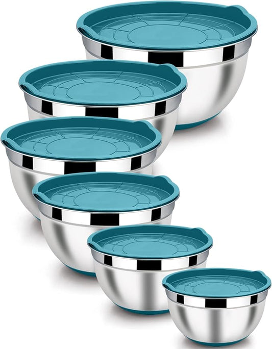 LIANYU Stainless Steel Nesting Mixing Bowls Set of 6, Size 7, 3.5, 2.5, 2, 1.5, 1QT, Large Metal Bowls for Cooking, Baking, Food Storage, Non-slip Bottom & Airtight Lids, Dark Blue