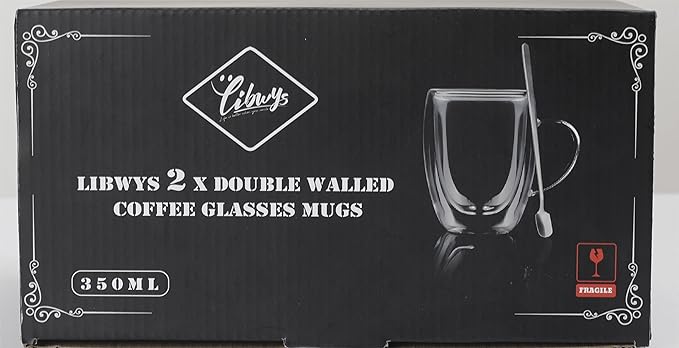 LIBWYS 2 Pack Double Walled Coffee Cups Glasses Mugs, 12oz Espresso Cappuccino Latte Tea Cups with Handle, Heat Resistant Borosilicate Clear Glasses 350ml