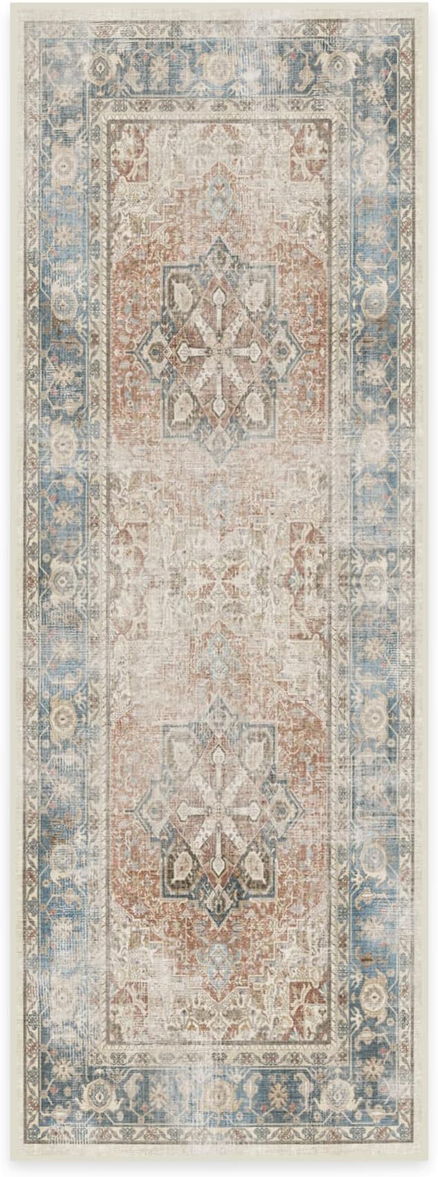 RUGGABLE Washable Vintage Runner Rug – Kamran Coral 2.5x7, Stain-Resistant, Non-Slip Hallway Runner – Machine Washable Rug for Hallway, Entryway, Living Room & Kitchen – with Standard Pad