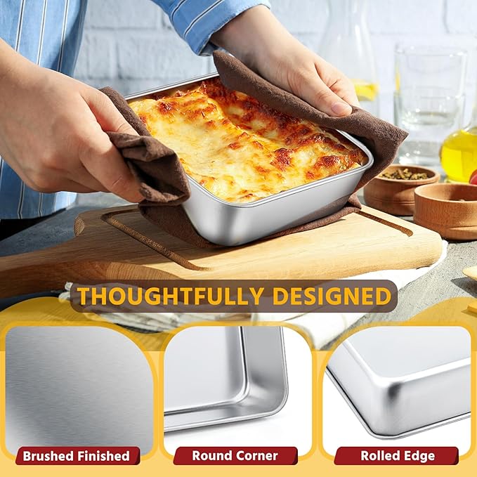 E-far 6 x 6-Inch Square Baking Pan with Lid, Small Stainless Steel Cake Brownie Pans Trays Dishes for Toaster Oven Air Fryer, Healthy & Dishwasher Safe - Set of 1(1 Pan + 1 Lid)
