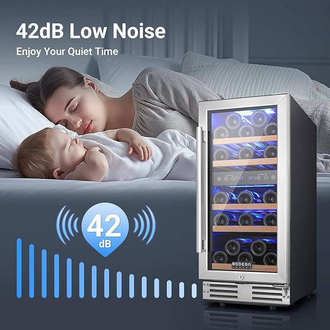 BODEGA 15 Inch Wine Cooler Under Counter, 30 Bottles Dual Zone Wine Fridge, with Double-Layer Glass Door, Temperature Memory and Digital Temperature Control, Built-in or Freestanding