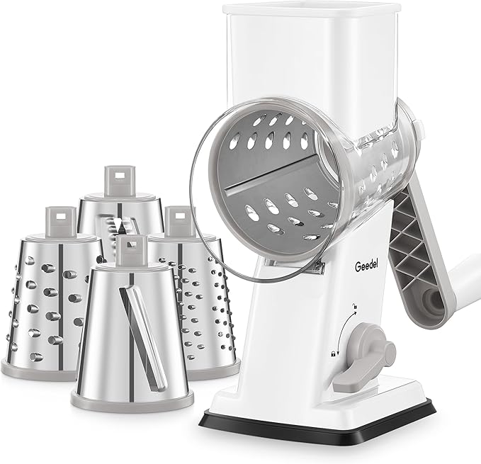 Geedel Rotary Cheese Grater - Upgraded Vegetable Shredder with 4 Interchangeable Blades, Easy to Clean Cheese Shredder with Handle, Kitchen Grater Nuts Grinder for Cutting Cheese, Vegetable, Nuts