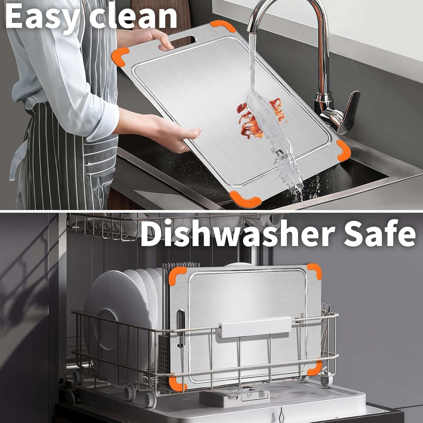 100% Pure Titanium Cutting Board with Grooves, Update Double Side Titanium Chopping Board, Silicone Anti-slip Stainless Cutting Boards for Kitchen 11 * 15 IN, Orange