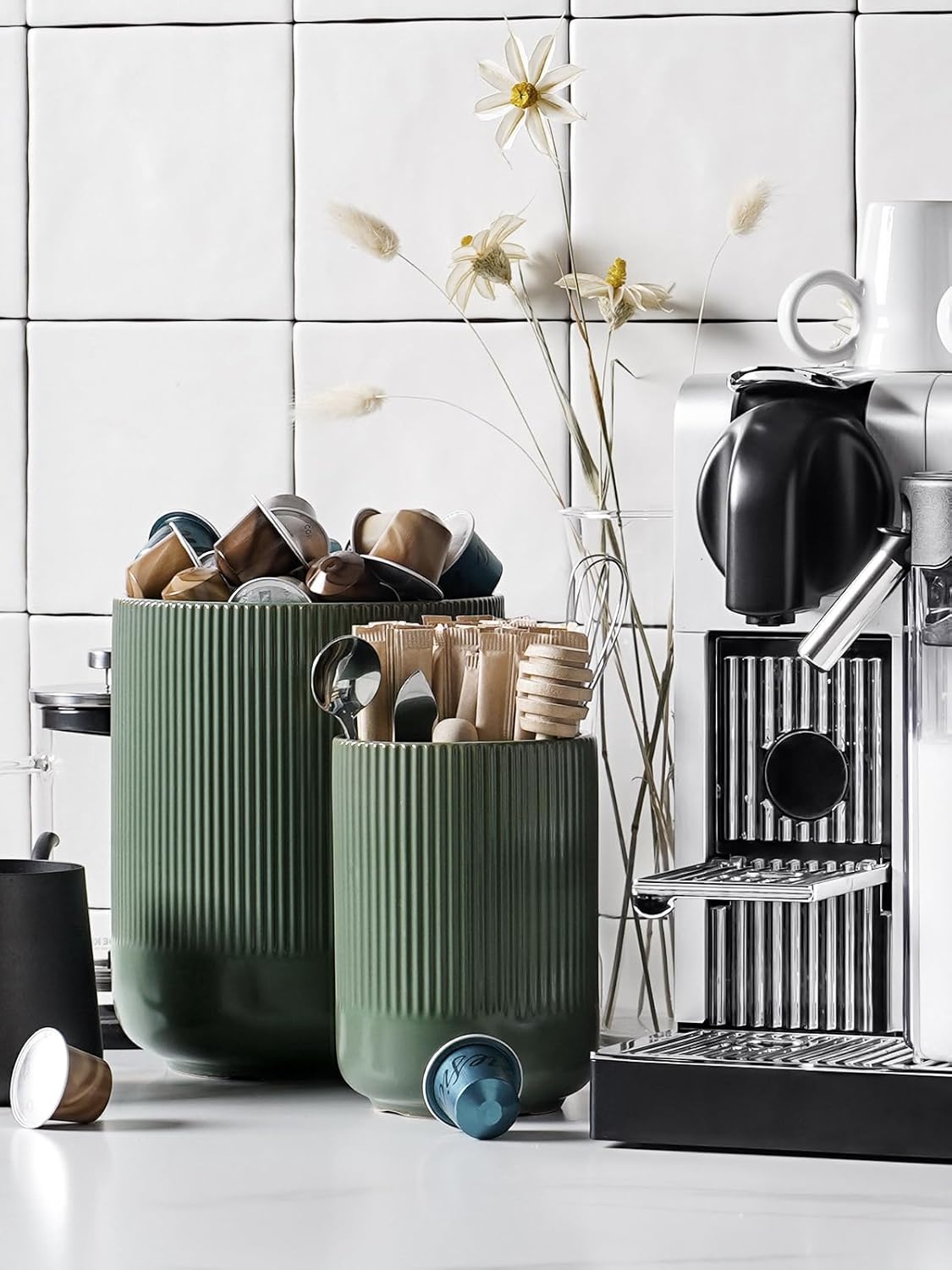 LE TAUCI Utensil Holder, 7.3"+5.4" Ceramic Kitchen Utensil Holder for Countertop, Large Cooking Utensil Crocks for Kitchen Counter, Modern Utensil Organizer for Spatula, Set of 2, Forest Green