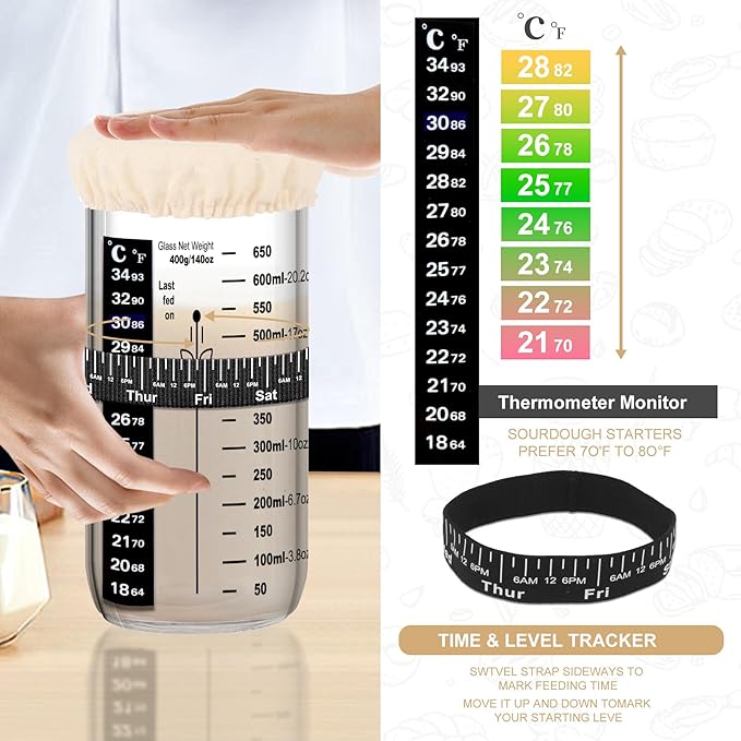 Sourdough Starter Kit, Baking Supplies Set with 2 Banneton Proofing Baskets, 24oz Sourdough Jar, Silicone Pastry Mat, Bread Sling and Essential Tools for Bread Making