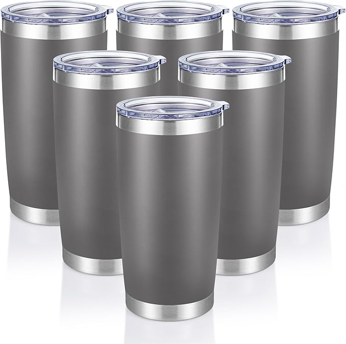20 oz Tumblers Bulk Stainless Steel Tumbler with Lid Double Wall Vacuum Insulated Coffee Mug 20oz Powder Coated Cup for Hot and Cold Drinks, Gray, 6 pack