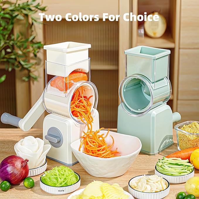 Rotary Cheese Grater with Handle,Replaceable Stainless Blades Cheese Shredder,Multi-Functional Cheese Vegetable Slicer with Storage Box,Easy to Clean Kitchen Gadgets with Storage Box (Green, 5 Blades)