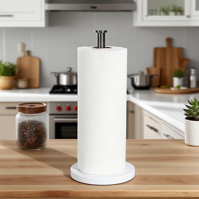 YIGII Heavy Marble Base Paper Towel Holder – Countertop Paper Roll Holder for Kitchen or Bathroom, Non-Slip Weighted Design, Fits Standard Paper Towels, White Marble & Gunmetal Black