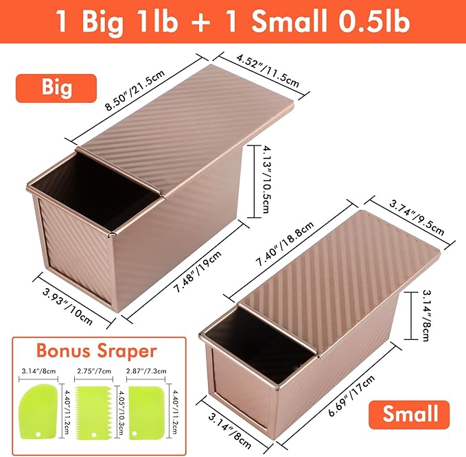 Beasea Pullman Loaf Pan with Lid, 2 Pack Non-Stick Bread Loaf Pans for Homemade Bread 1 lb & 0.5 lb Carbon Steel Bread Toast Box with Dough Scraper for Bread Toast Oven Baking - Rose Gold