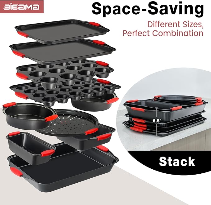 13-Piece Baking Pans Sets, Nonstick Bakeware Sets, BPA-Free Carbon Steel Stackable, Cookie Sheet, Cake, Loaf, Pizza & Muffin Pan, Grey