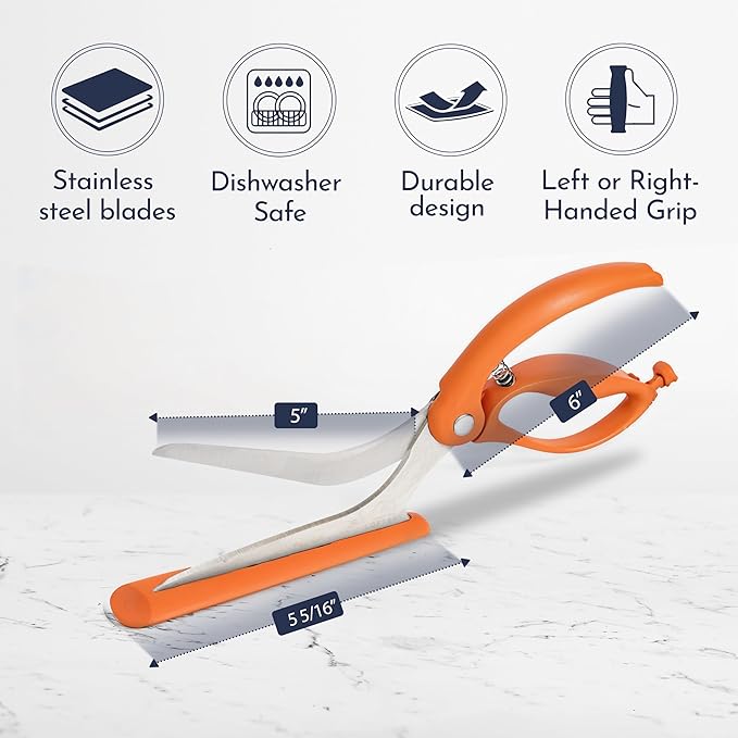 Loftern Orange Pizza Scissors - Non-Stick Pizza Scissors with Firm Grip Base - Food Grade Stainless Steel Pizza Cutter - 5-in-1 Food Slicer & Pizza Server - Durable, Safe & Mess Free
