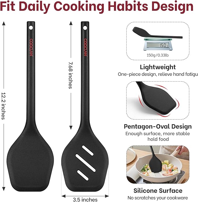 Silicone Spatula Set (BPA-Free), 600°F Heat Resistant Spatulas for Non-Stick Pans, 2 Pack Solid & Slotted Silicone Turner, One-Piece Cooking Spatula Turners for Kitchen Use, Black