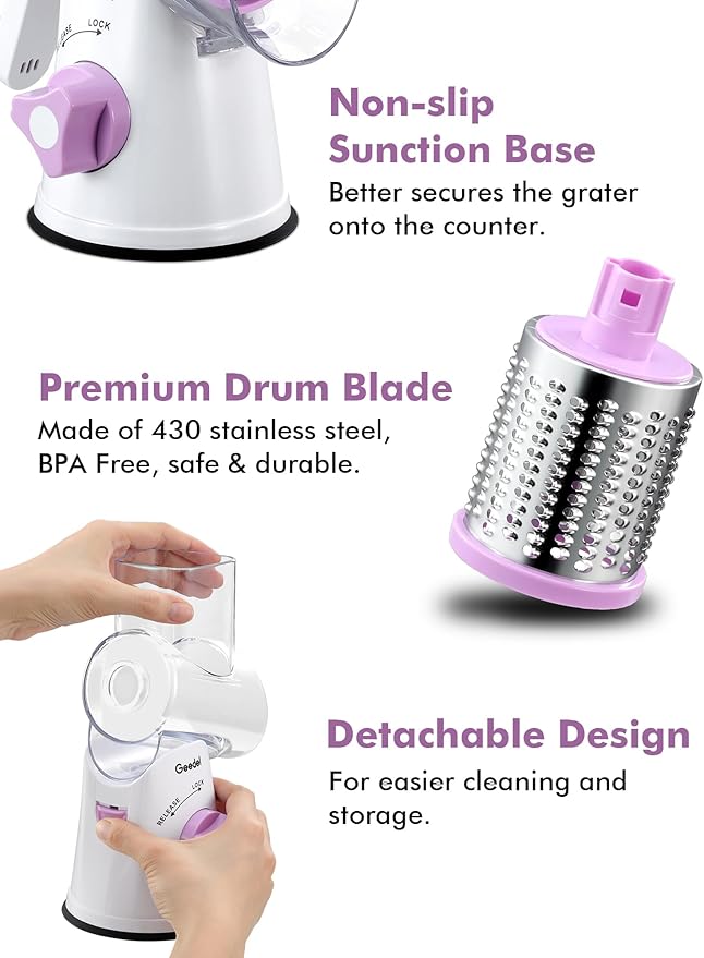 Geedel Rotary Cheese Grater, Kitchen Mandoline Vegetable Slicer with 3 Interchangeable Blades, Easy to Clean Rotary Grater Slicer for Fruit, Vegetables, Nuts
