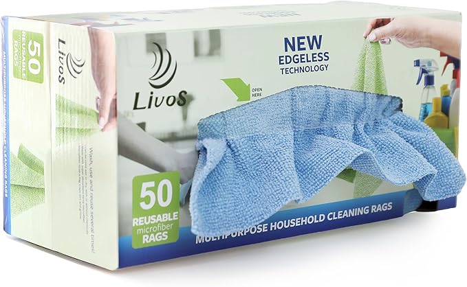LIVOS 50 Pack Microfiber Cleaning Cloth in Box, Reusable Cleaning Rags, 11.5"x11.5", Edgeless Microfiber Wipes, Lint Free, Absorbent Shop Towels for Kitchen, Car, Glass (Blue)